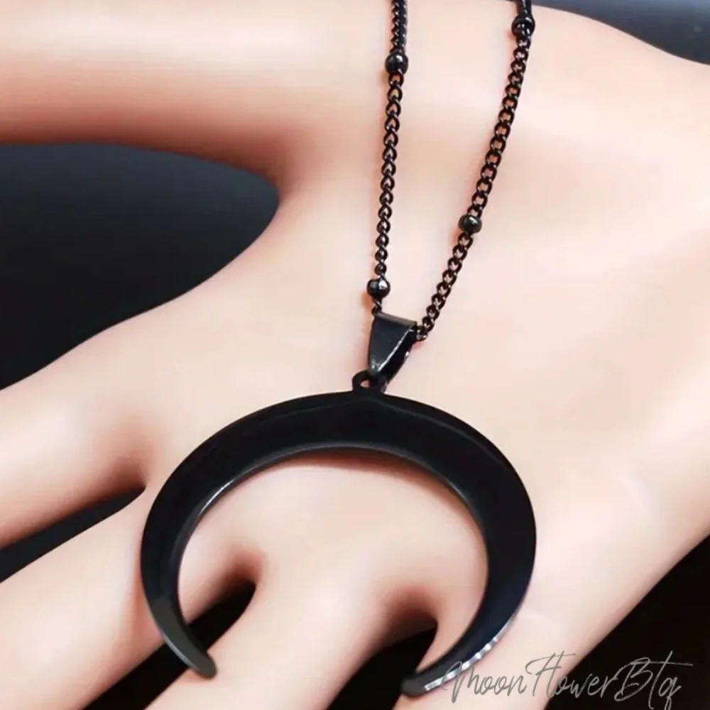 Large Black Goth Moon Pendant Necklace - Picture 3 of 7